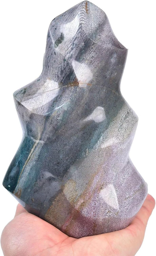 AMOYSTONE Ocean Jasper Flame Shaped Stone Towers Obelisk Natural Healing Crystal Quartz Reiki Energy Decoration Home Office Decor 4.0-4.4LBS