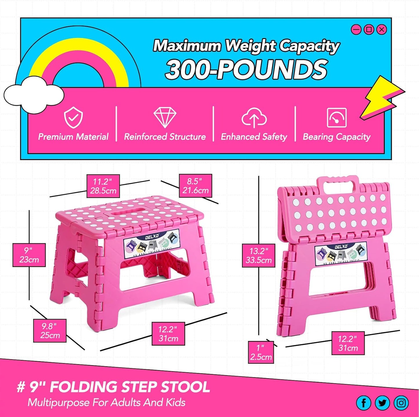 Delxo Folding Step Stool 9 inch Non-Slip Foldable Stools Up to 300 LBS Kids Step Stool with Handle Lightweight for Kitchen, Bathroom, Bedroom, Garden, Rose Pink, 1PC