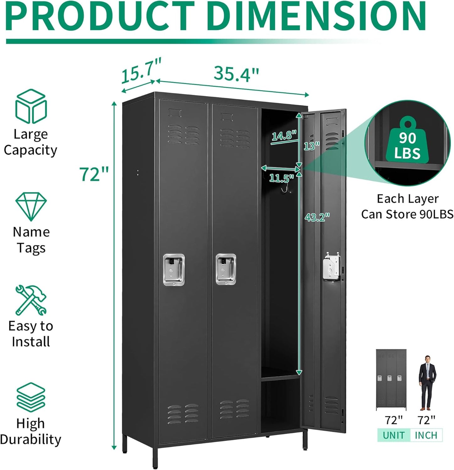 Metal Lockers for Employees, Storage Employee Locker, 72" Storage Lockers with Shelves Steel Cabinet for Home (Black, 3 door-72'')