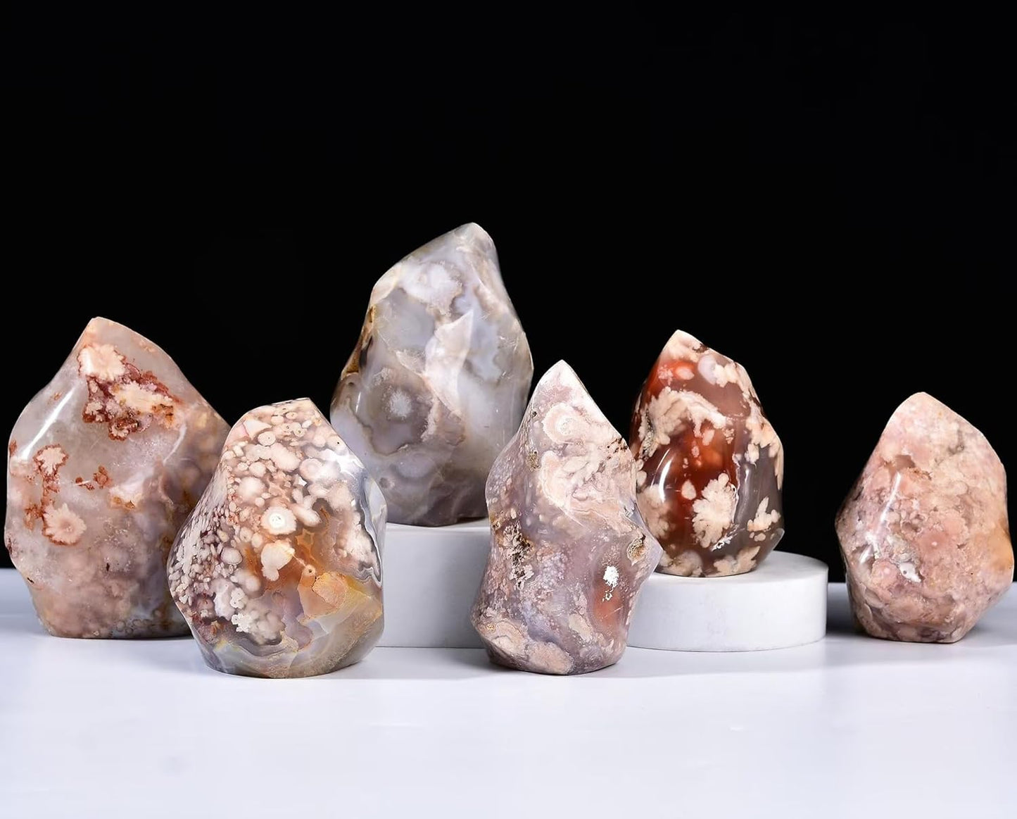 AMOYSTONE Cherry Blossom Agate Flame Shaped Stone Towers Obelisk Flower Agate Natural Healing Crystal Quartz Reiki Energy Decoration Home Office 0.6-1.0LBS