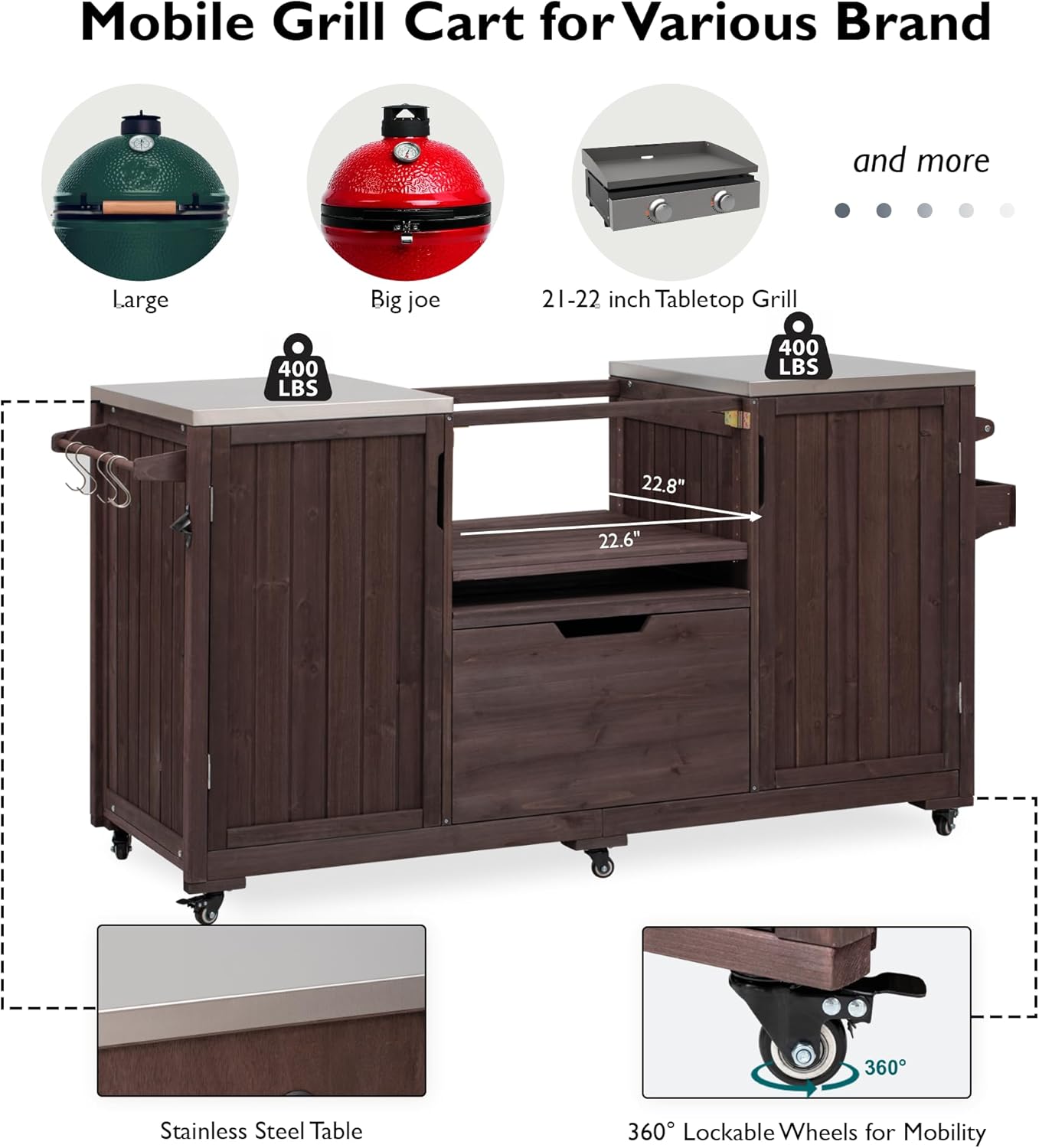 Merax 66.5" Outdoor Grill Table for Big Green Egg, Farmhouse Kitchen Island on Wheels with Stainless Steel Tabletop, Drawer and Spice Rack, Solid Wood Outdoor Storage Cabinet for Backyard, Dark Brown