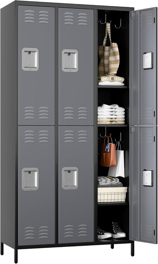 6 Doors Metal Lockers for Employees with 18 Hooks for Offices School Gyms Home,Assembly Required,Black and Dark Gray