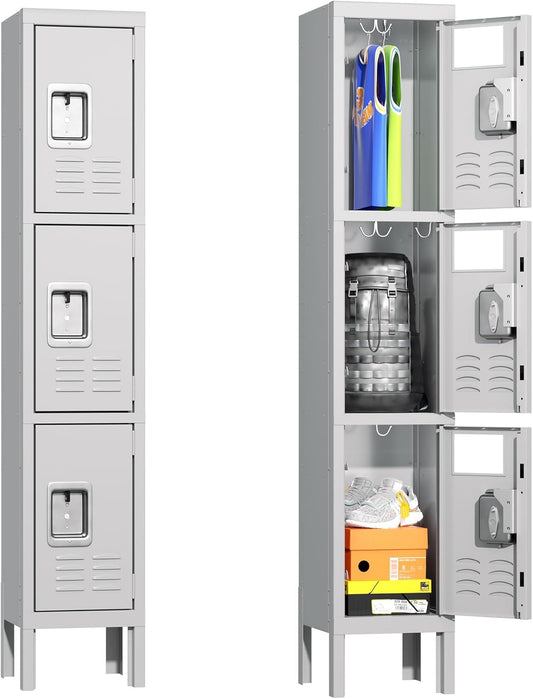Greenvelly Metal Locker for School Office Gym Metal Storage Locker Cabinet for Employees Students Steel Locker Triple Tier with 3 Door Grey