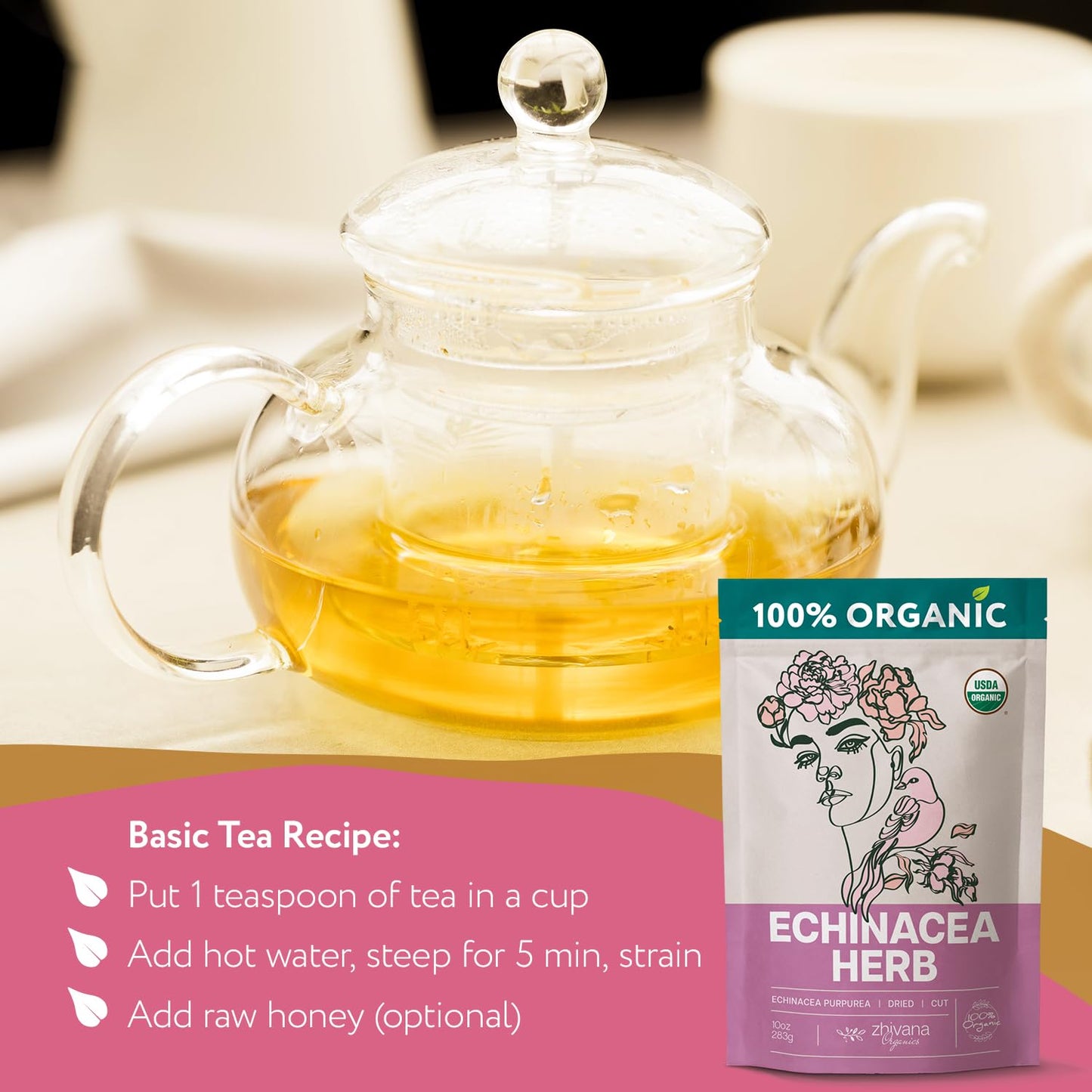 Echinacea Tea Organic (10oz.) – Echinacea Purpurea Herb Loose Leaf - Equinacea Organica - Body Defenses, Immune Support Tea