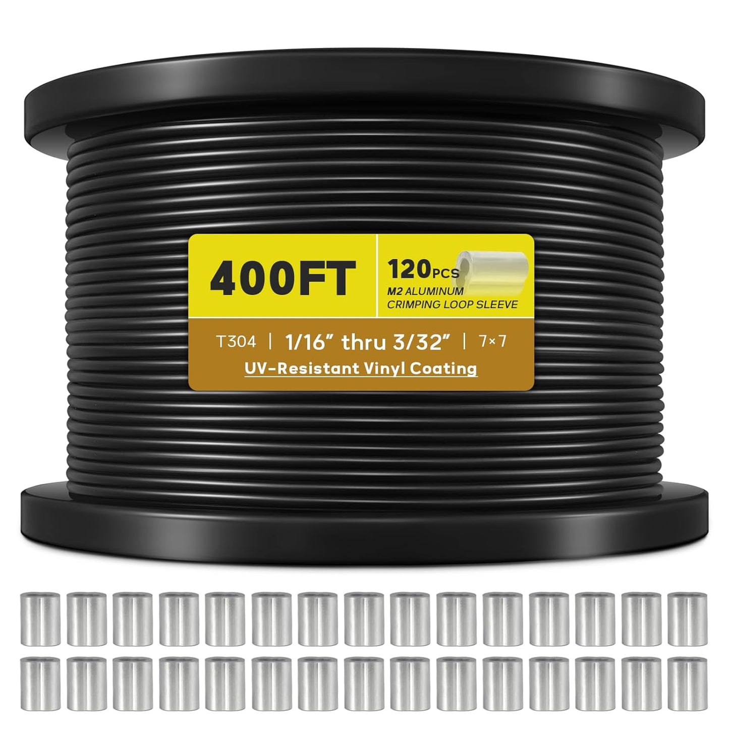 Vinyl Coated Wire Rope 1/16 Inch Overmolded to 3/32 Inch, 400FT 304 Stainless Steel Cable with 120 Pcs Crimping Sleeves for String Light Hanging Kit, Clotheslines and Trellis Wire