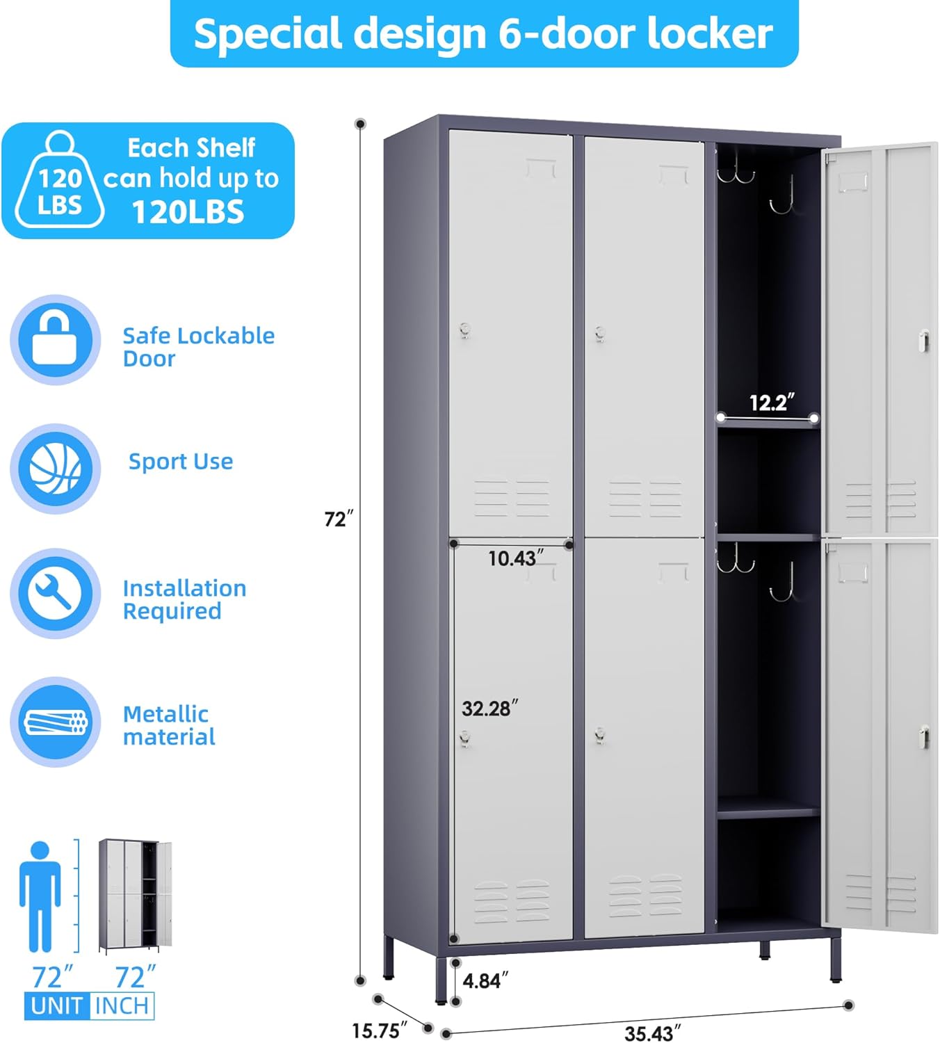 72" H×15.75" D×35.43" W Metal Storage Lockers for Employees with 6 Doors, Employee Lockers with 18 Hooks, Business Card Holder for Offices School Gyms Home,Assembly Required,Grey and White