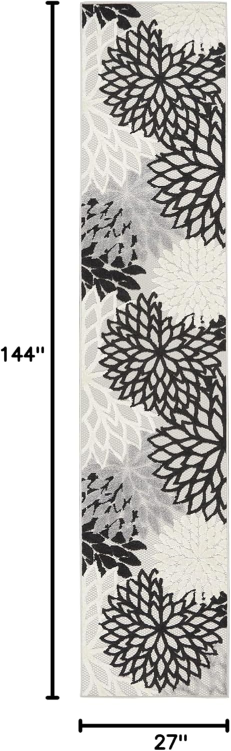 Nourison Aloha Indoor/Outdoor Black White 2'3" x 12' Area Rug, Tropical, Botanical, Easy Cleaning, Non Shedding, Bed Room, Living Room, Dining Room, Deck, Backyard, Patio (2x12)