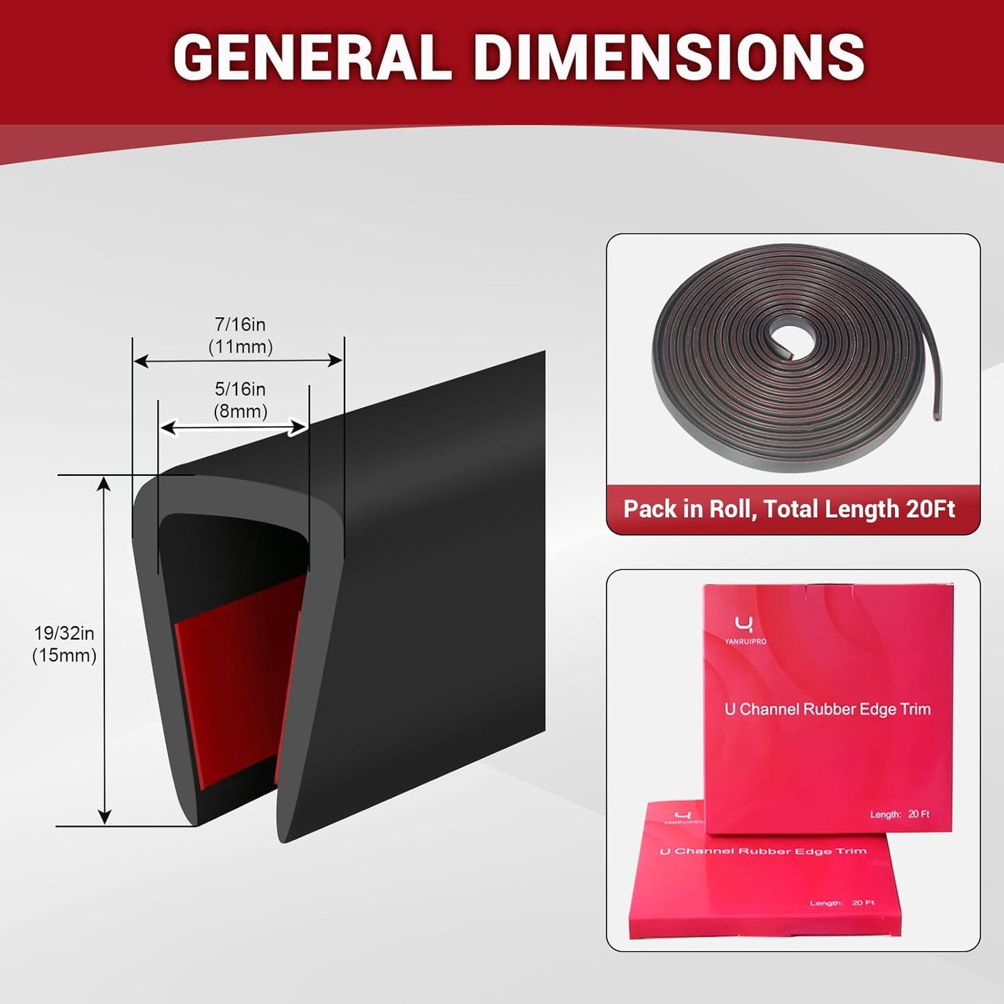 Rubber Edge Trim, 5/16" Self Adhesive Flexible U Channel Edge Protecter for Sheet Metal, Glass, Flexiglass and Plywood, Fit for 9/32"-11/32" Width Edge, Black Color, 20Ft, EPDM Material