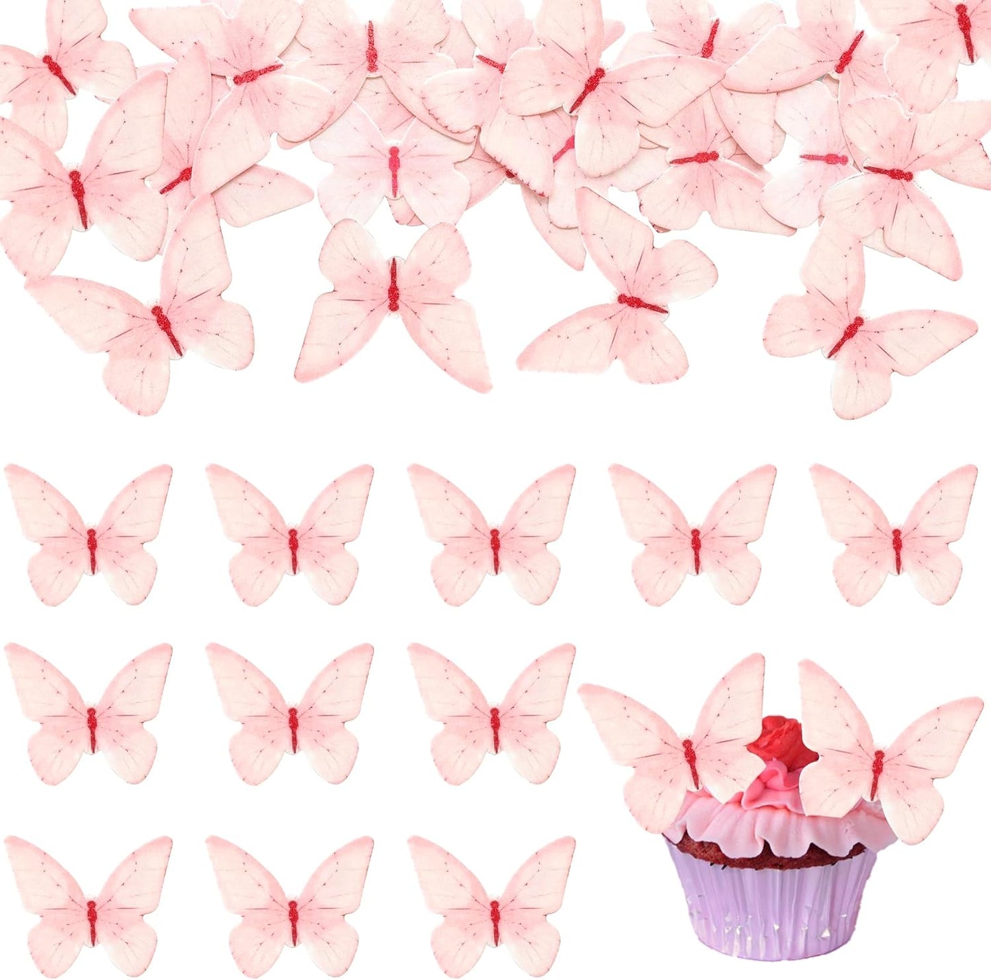 Ephlyn 48Pcs Edible Butterfly Cupcake Toppers Butterfly Cupcake Picks Edible Spring Cupcake Decorations for Spring Theme Baby Shower Kids Birthday Party Cake Supplies Pink