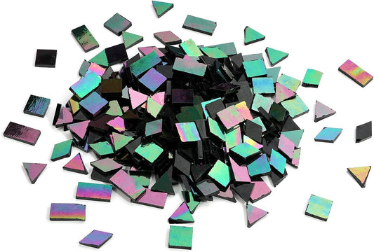 Lanyani Glass Mosaic Tiles for Art Crafts,4 Shapes Mixed Tiffany Stained Glass Pieces,200 Pieces,Square/Rectangle/Diamond/Triangle,Iridescent Black