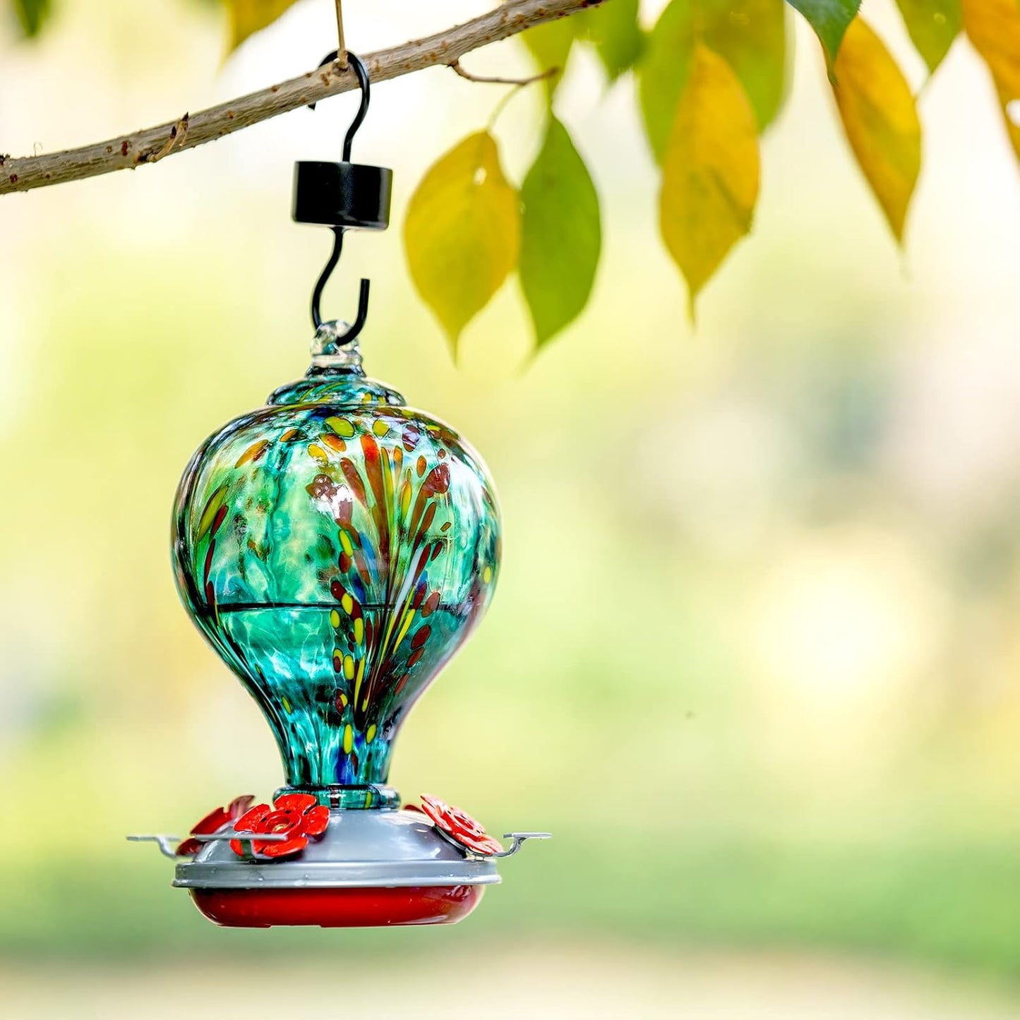 Hummingbird Feeders 32OZ Glass Hummingbird Feeder with Ant Moat, Yard Porch Decor (Teal Blue)