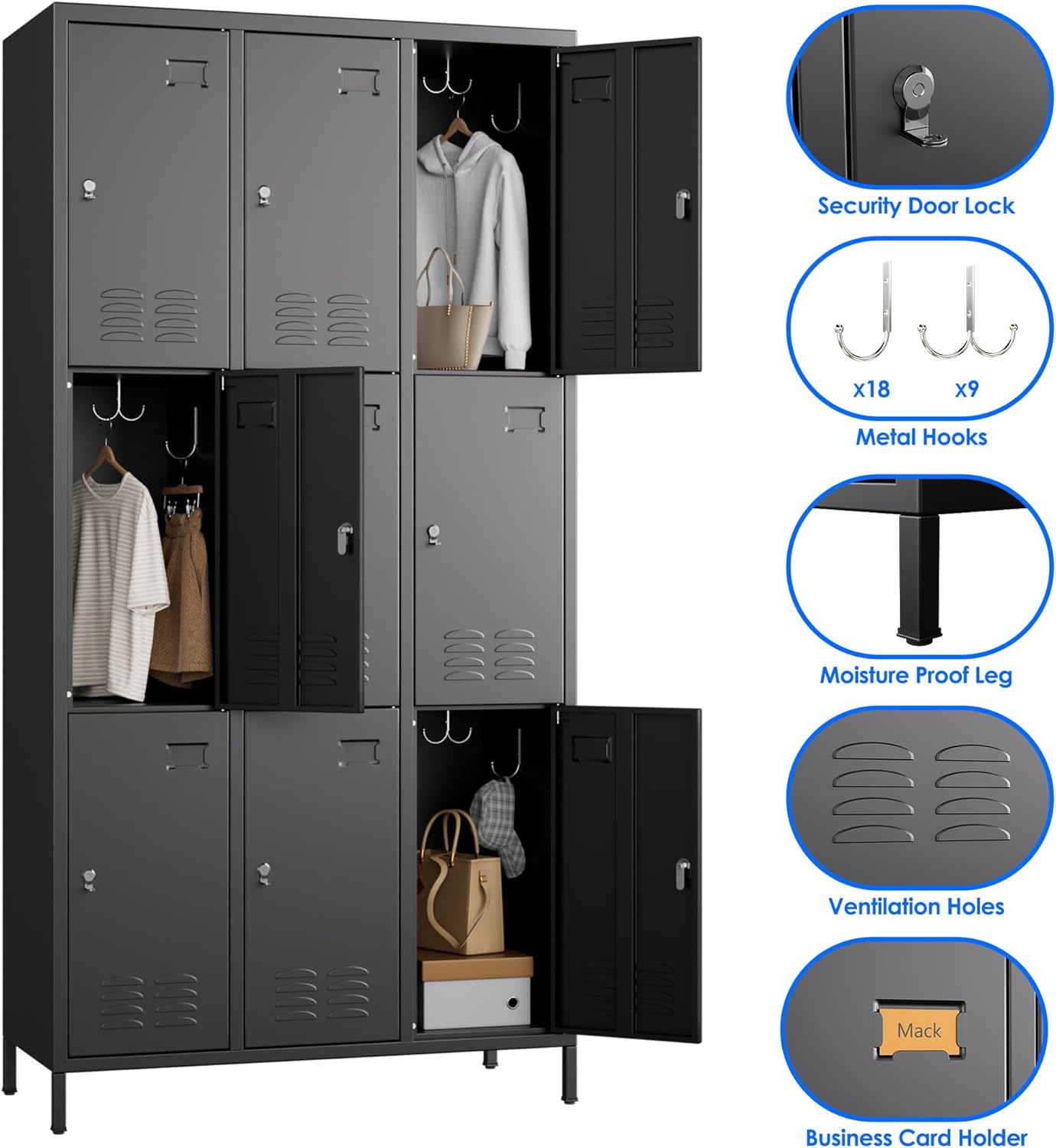 9 Doors Metal Storage Lockers for Employees with 27 Hooks,72" H Employee Lockers with Business Card Holder for Offices School Gyms Home,Assembly Required,Black