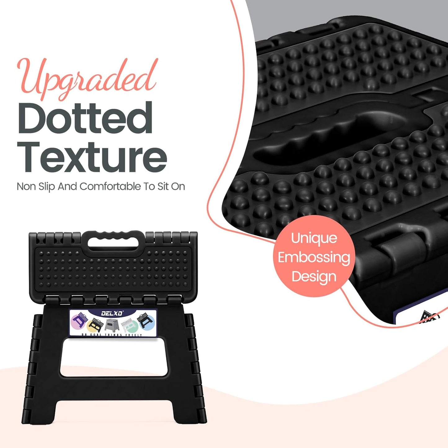 Delxo Folding Step Stool 9 Inch Non-Slip Foldable Stools for Kids & Adults Up to 300 LBS Kitchen Collapsible Fold Up Stepping Stool with Dotted 1 Pack Black