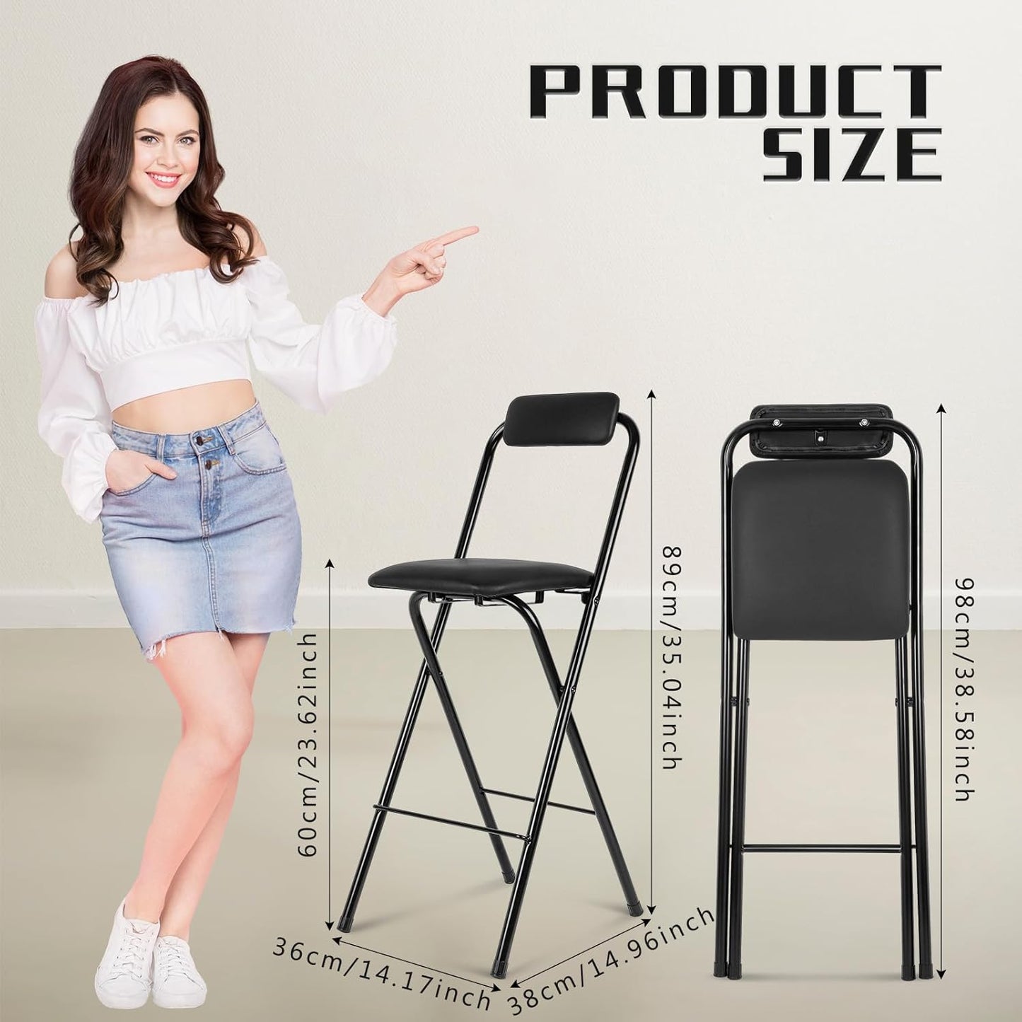 Thyle 1 Pcs Folding Bar Stool with Backrest, Tall Foldable Stool Chair Portable High Folding Bar Chair Counter Height Seat Leather Padded for Kitchen Island Shop Cafe Dining Room Black (24 Inch)