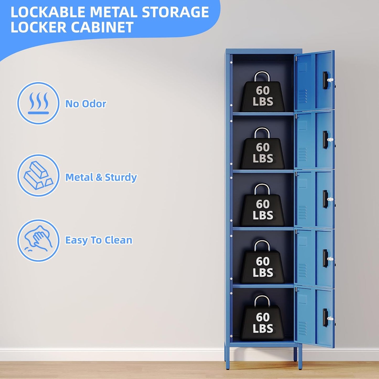 Metal Locker with Lock and Ventilation Holes,Metal Storage Locker with Business Card Slot for Home,Gym,Garage,School,Office,66" H x 15.8" W x 15.8" D Assembly Required,Blue