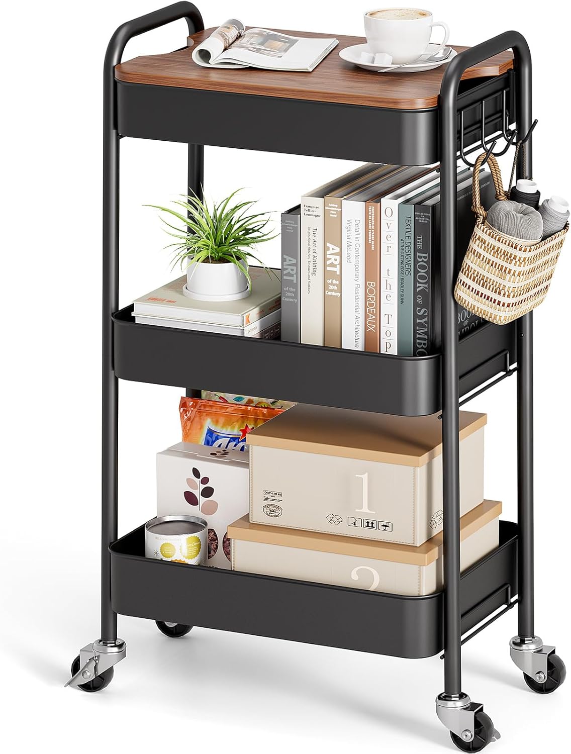 TOOLF 3-Tier Rolling Cart with Table Top, Metal Storage Cart on Wheels, Utility Organizer with Wooden Tray, Lockable Casters, Easy Assembly for Bathroom, Living Room, Office, Kitchen, Black