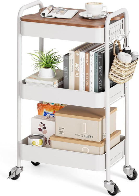 TOOLF 3-Tier Rolling Cart with Table Top, Metal Storage Cart on Wheels, Utility Organizer with Wooden Tray, Lockable Casters, Easy Assembly for Bathroom, Living Room, Office, Kitchen, White