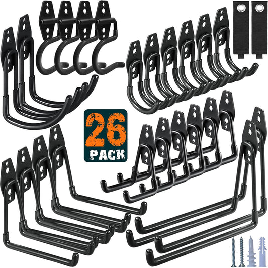 26 Pack Garage Hooks Heavy Duty Utility Steel with Anti-Slip Coating Wall Mount Storage Organizer for Hanging Power and Garden Tools, Ladders, Hose, Bikes, Ropes, Bulk Items, and More