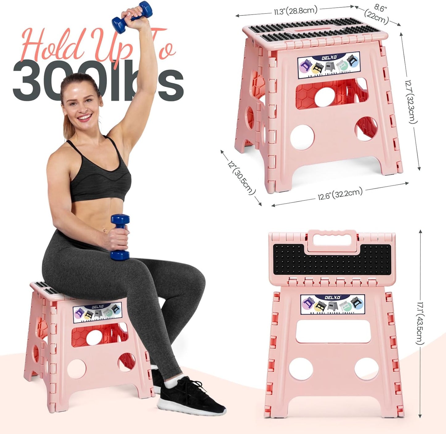 Delxo Folding Step Stool 13 Inch,Non-Slip Foldable Stools for Kids & Adults Up to 300 LBS,Kitchen Collapsible Fold Up Stepping Stool with Dotted 1 Pack,Pink