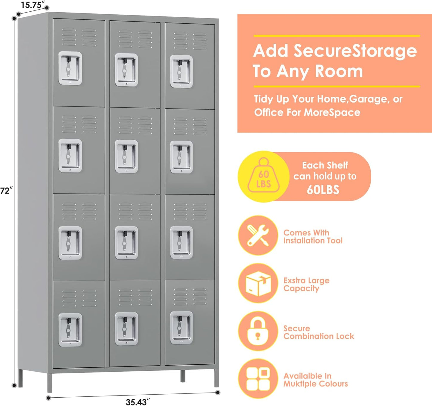 12 Doors Metal Lockers for Employees with Lock, Metal Locker with 12 Hooks for School Garage Office Gym Home,Assembly Required,Light Grey