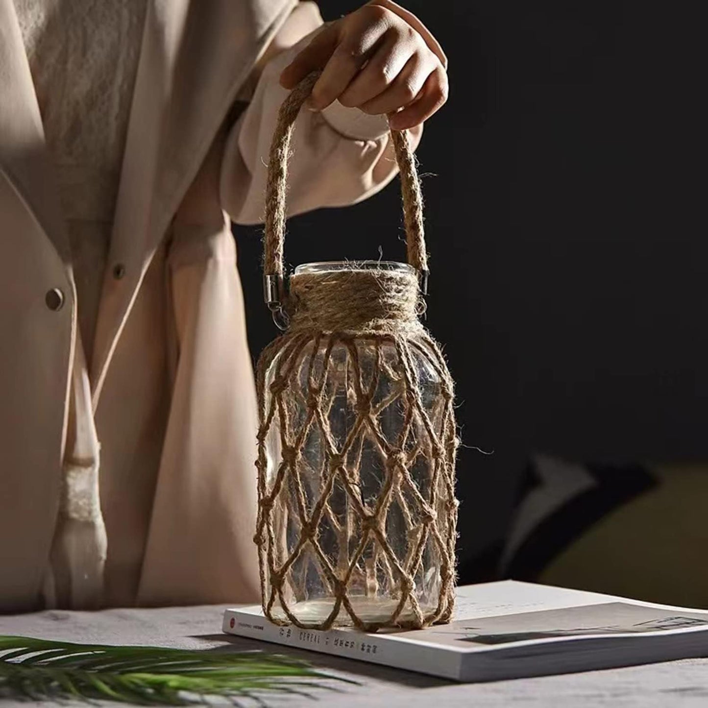 Rustic Hanging Mason Jar Creative Rope Net Dry Flower Glass Vase with Handle (1 Vase 8")
