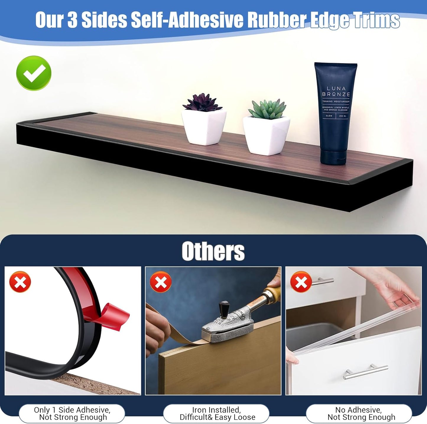 Rubber Edge Trim, Self-Adhesive U Channel Edge Protector for Plywood, Cabinet, 1-1/8" Wood Edge Banding, Flexible Furniture Repair, EPDM Material, Fit 1-1/8"(28mm), Length 20Ft, Black