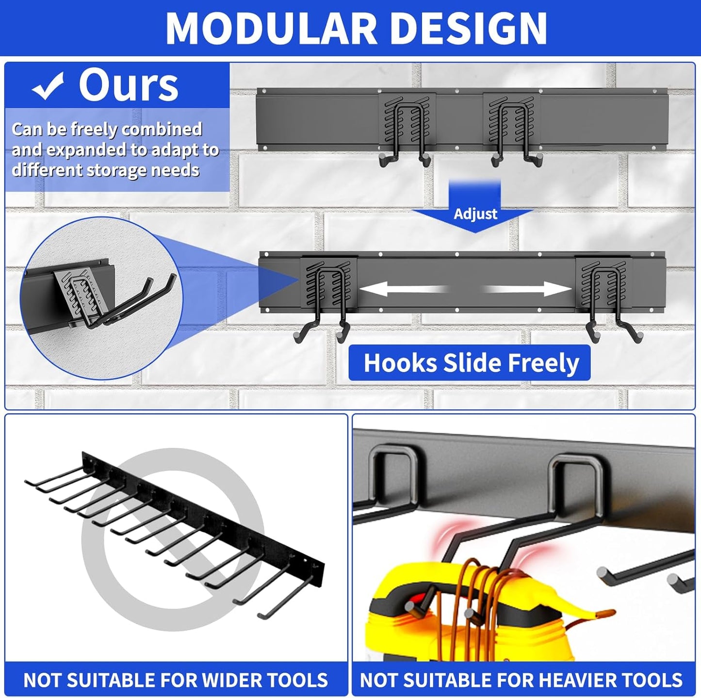 Garage Organization Tool Organizer Wall Mount, 48inch Heavy Duty Garden Tool organizer Storage System, Easy Install With 7 Adjustable Hooks, For Garage, Basement, Shed, Workshop(Black)