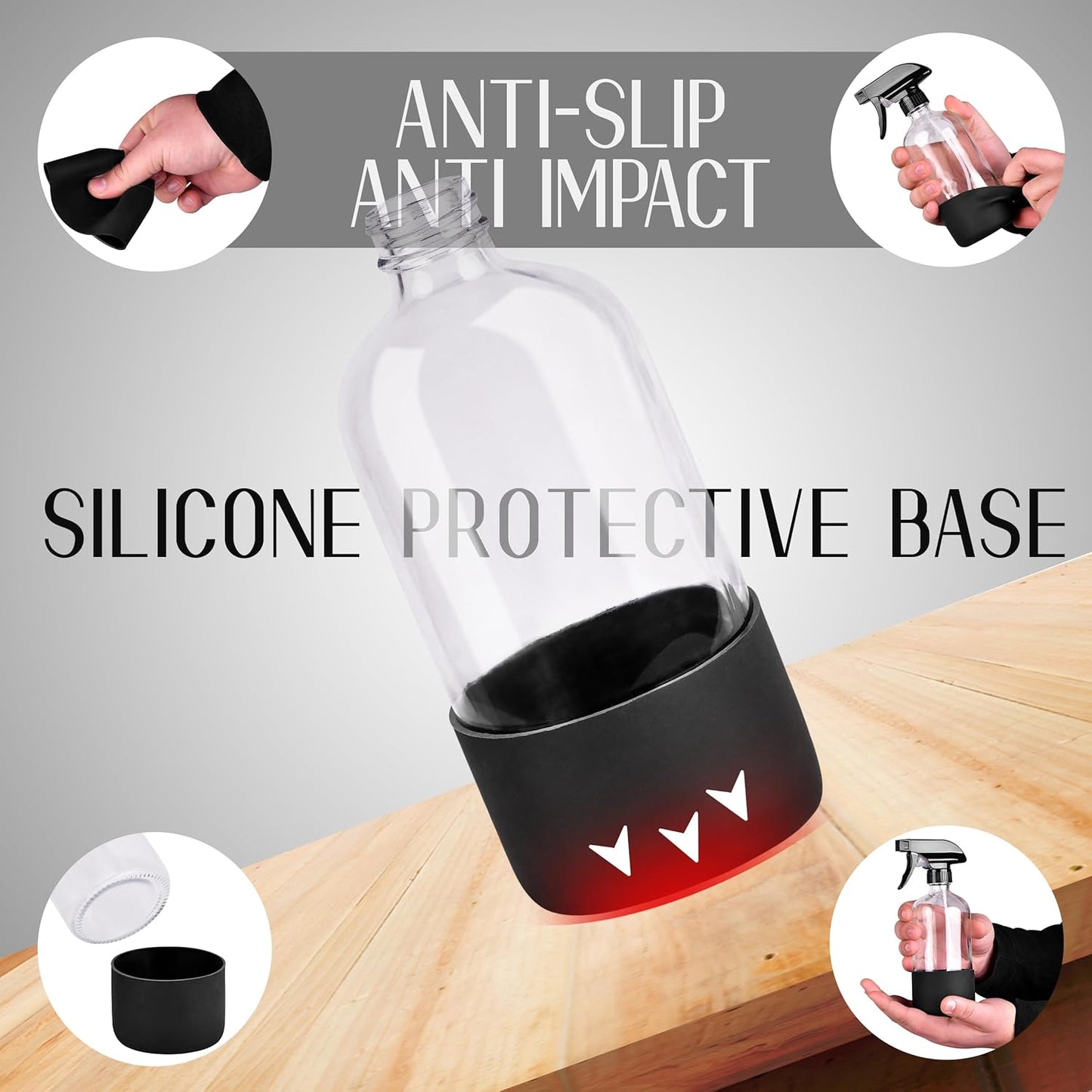 16oz Empty Glass Spray Bottle with Silicone Sleeve Protection - Refillable Containers for Cleaning Solutions, Essential Oils, Misting Plants - Including 2 Sprayers (Clear, 1 PACK)