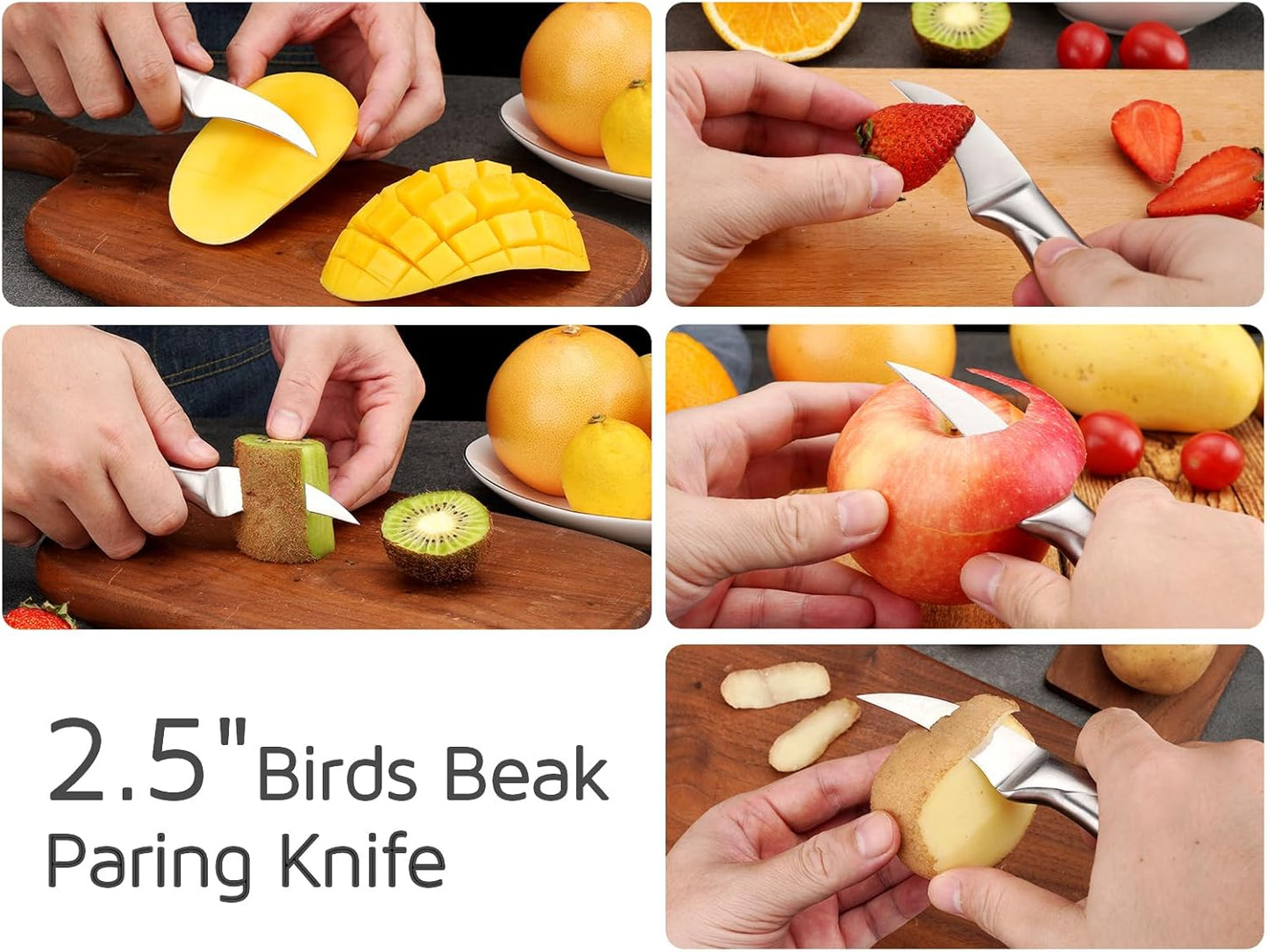 WELLSTAR 2.5 Inch Birds Beak Paring Knife, Sharp High Carbon Stainless Steel Curved Blade for Fruit and Vegetable Peeling Garnishing Cutting – Silver