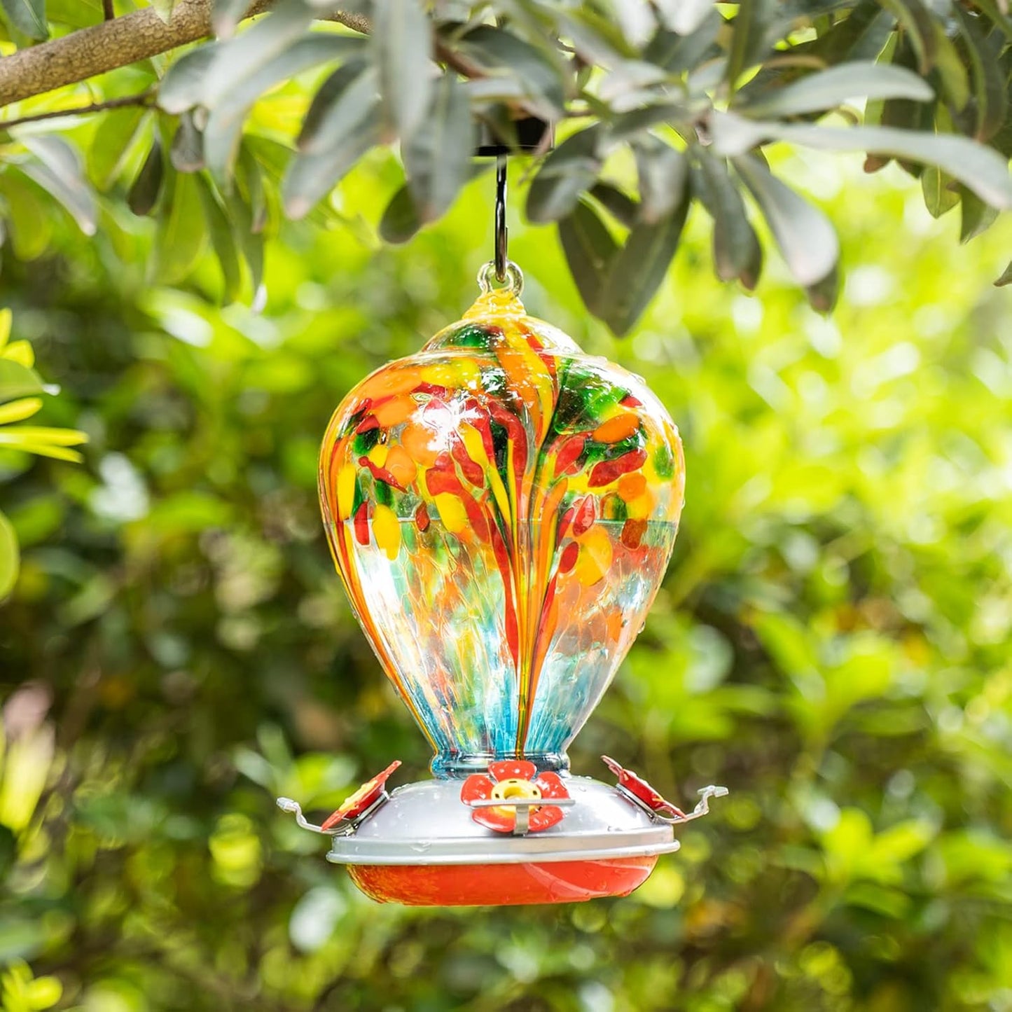 Hummingbird Feeder, 34OZ Hand Blown Glass Hummingbird Feeders for Outdoors Hanging, 4 Feeding Perch with Ant Moat Leakproof, Garden Yard Decor Gifts for Women Mom (Holiday Balloon)