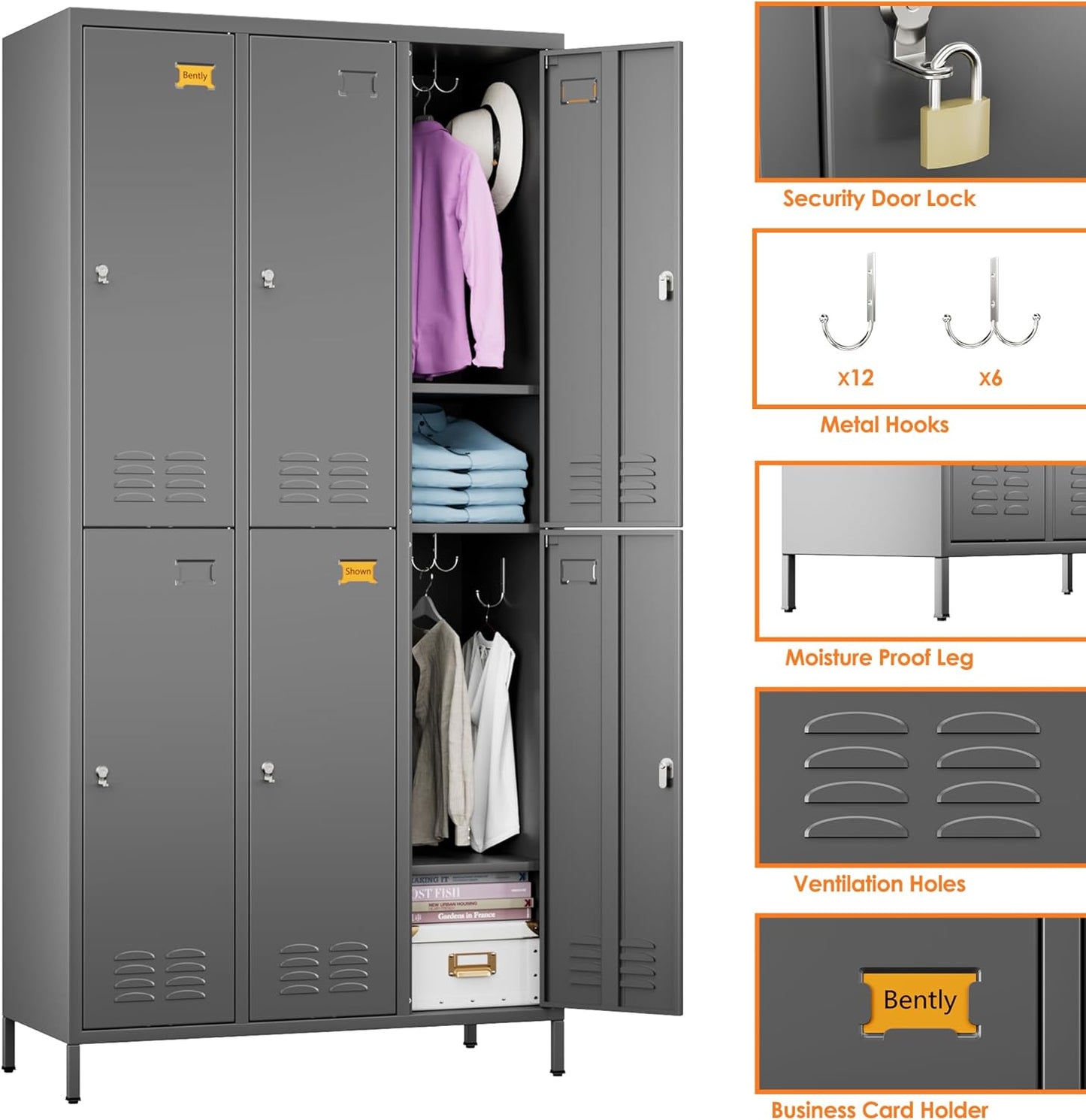 6 Doors Metal Storage Lockers for Employees with 18 Hooks,72" H Employee Lockers with Business Card Holder for Offices School Gyms Home,Assembly Required,Dark Gray