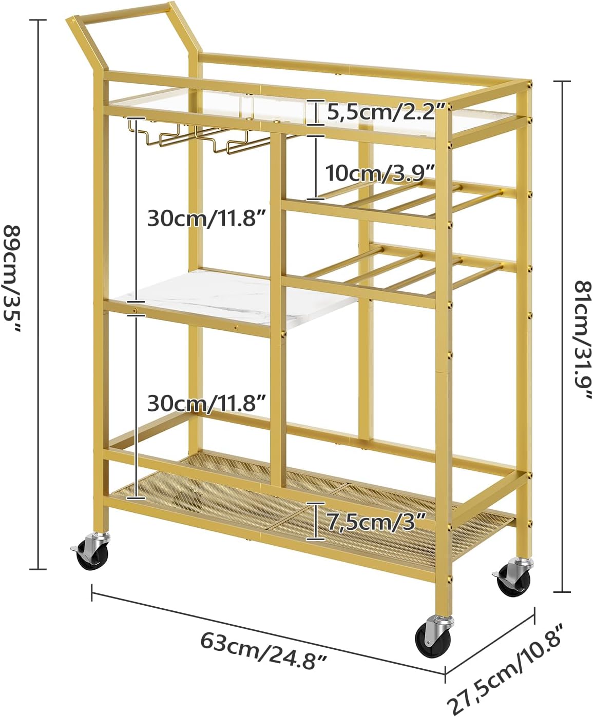 Bar Cart for Home, 3-Tier Serving Cart with Glass Top, Beverage Cart with Wine Rack and Glass Holder, Drink Cart with Wheels, for Dining Room, Living Room, Gold and White RCJM71B01