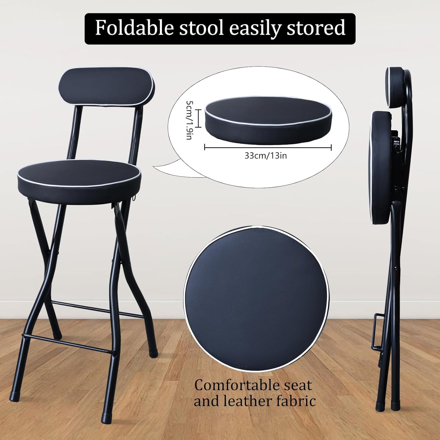 UWEAR 1 PCS Folding Bar Stool with Back, Tall Foldable Stool Leather Padded Portable Stools Counter Height Foldable Stools Chairs Collapsible Stool for Adults Kitchen Island (Black)
