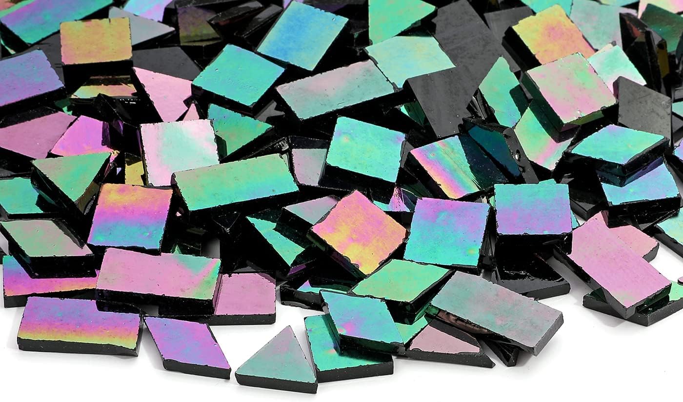 Lanyani Glass Mosaic Tiles for Art Crafts,4 Shapes Mixed Tiffany Stained Glass Pieces,200 Pieces,Square/Rectangle/Diamond/Triangle,Iridescent Black