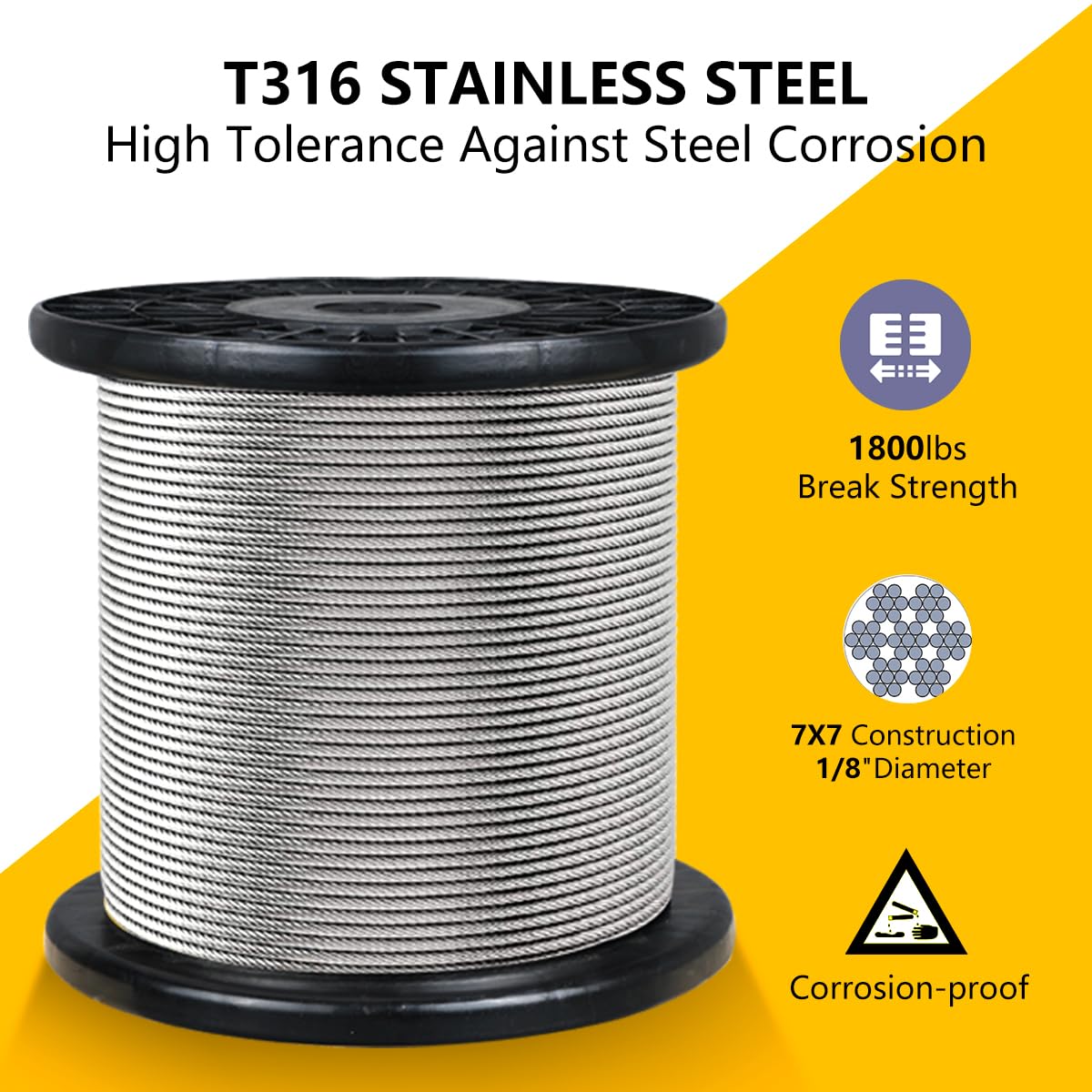 325FT 1/8" T316 Stainless Steel Cable with Cutter, 7x7 Strands Aircraft Wire Rope for Deck Railing, Stair Handrail, Porch Fence, High Strength for Indoor and Outdoor Use