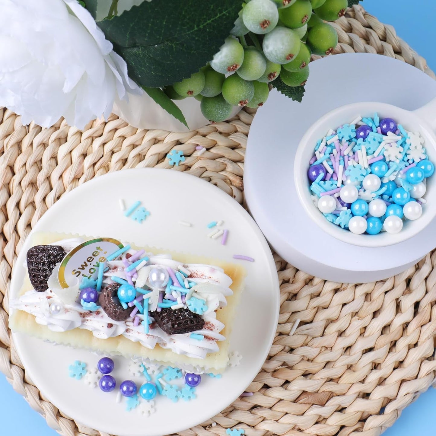 Snowflake Sprinkles for Cake Decorating, Jimmies & Pearl Sugar Mix for Cupcakes, Cookies, Ice Cream & Holiday Desserts, Birthday Party Supllies