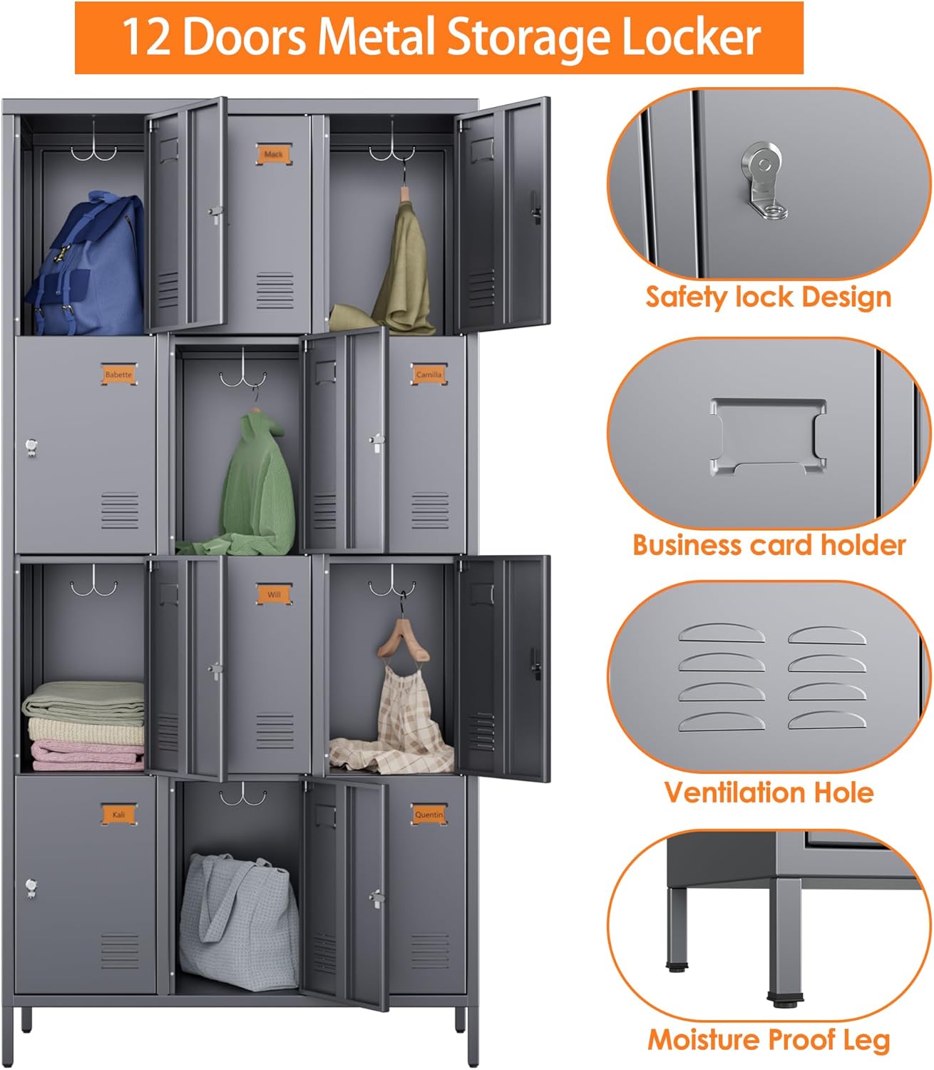 Aobabo 12 Doors Metal Storage Locker for Employees, Storage Locker with Name Card Slot for School Office Gym Bedroom, Dark Grey, Assembly Required