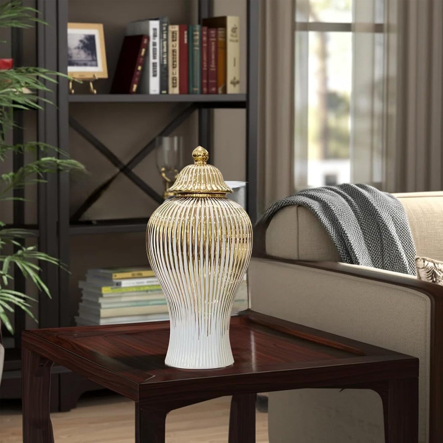 Ginger Jar, White Gold Ceramic Vase Large Handmade Porcelain Vases with Lid, White Gold Decorative Flower Vase for Home, Living Room, Weddings, Centerpieces (B-Large)