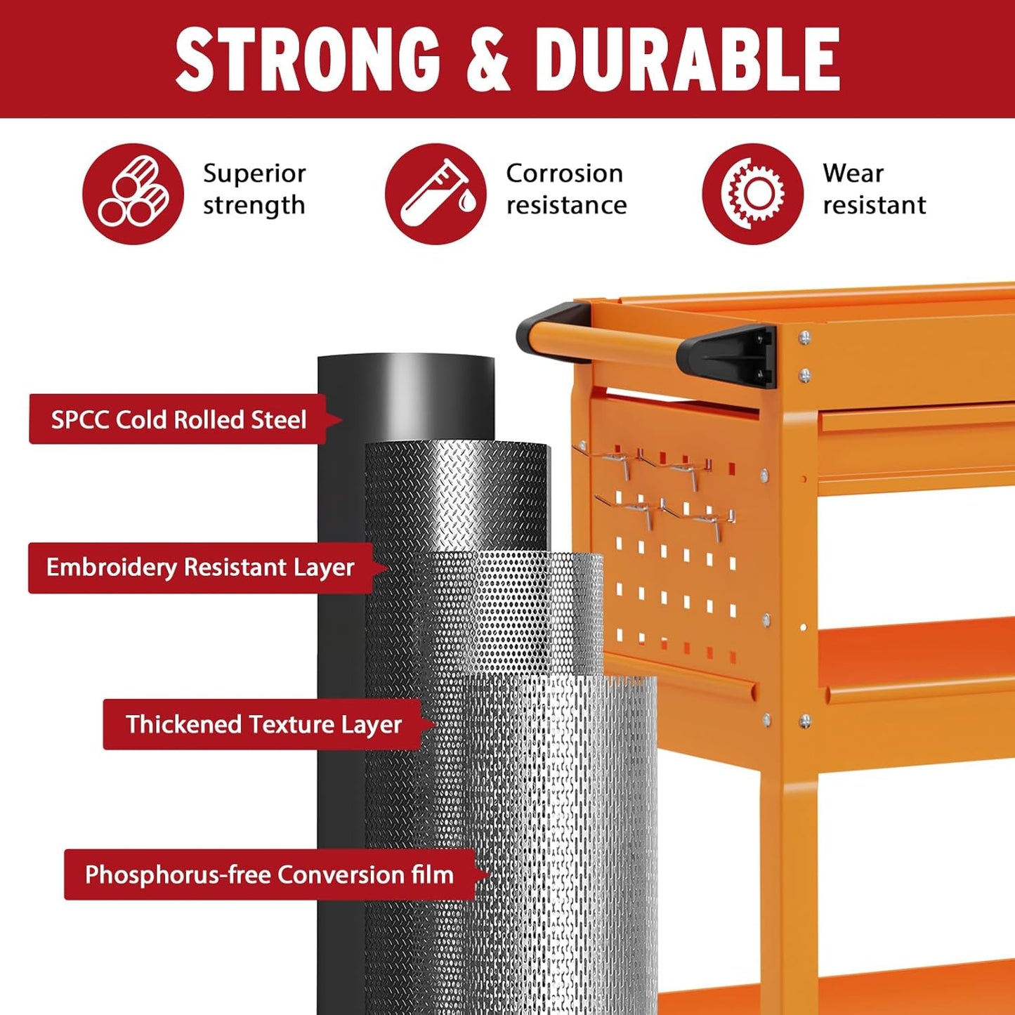 3 Tier Rolling Cart, Heavy Duty Utility Industrial Service Carts on Wheels, Metal Tool Cart with Locked Drawers, Ideal for Garage, Warehouse and Repair Shop（Orange）