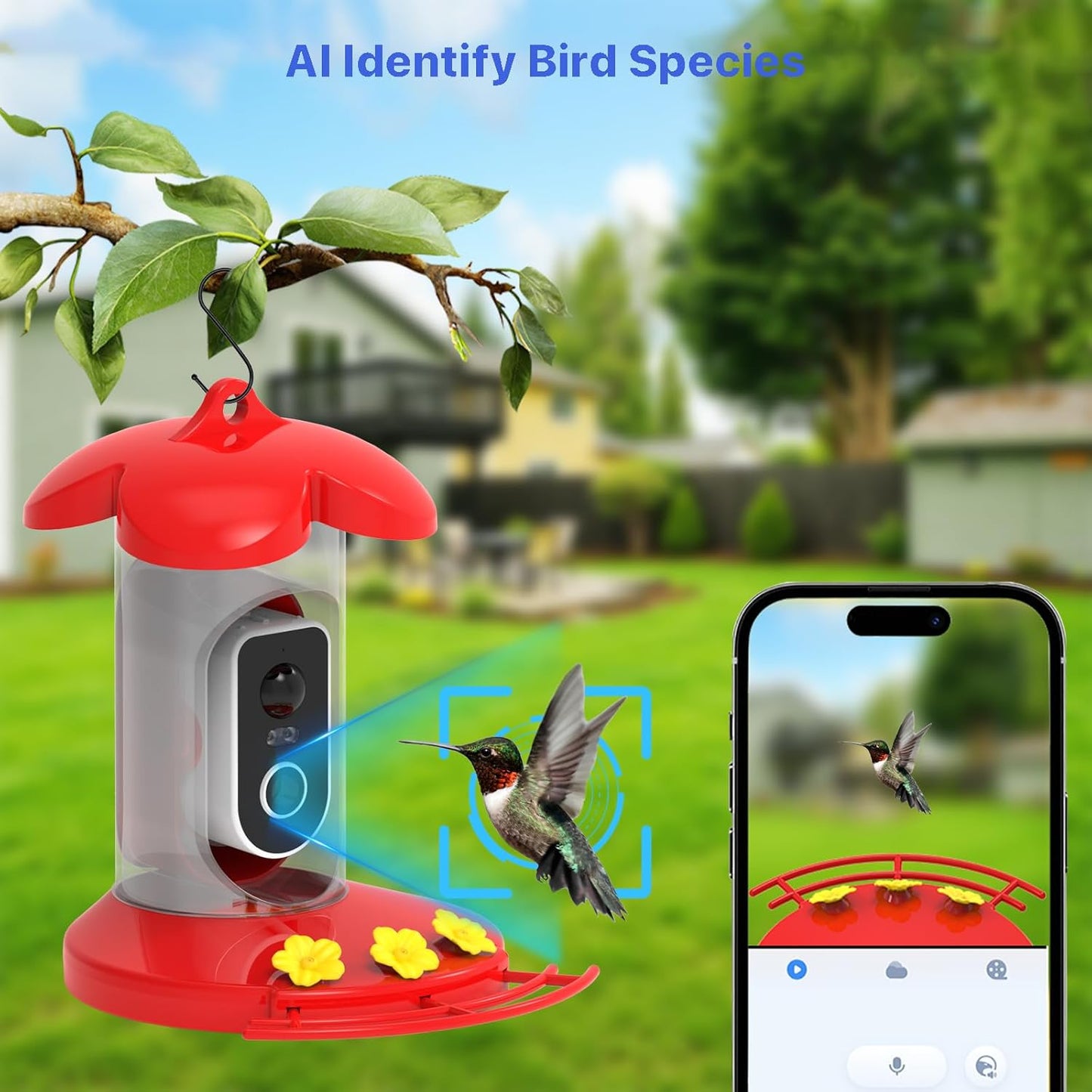 Hummingbird Feeder with Camera for Outdoor - 2K QHD Video, Instant Notifications & AI Bird Species, Ant Moat, Bee Proof, Motion Detection, 2.4G WiFi, Signal Booster, Gift for Bird Lovers (Red)