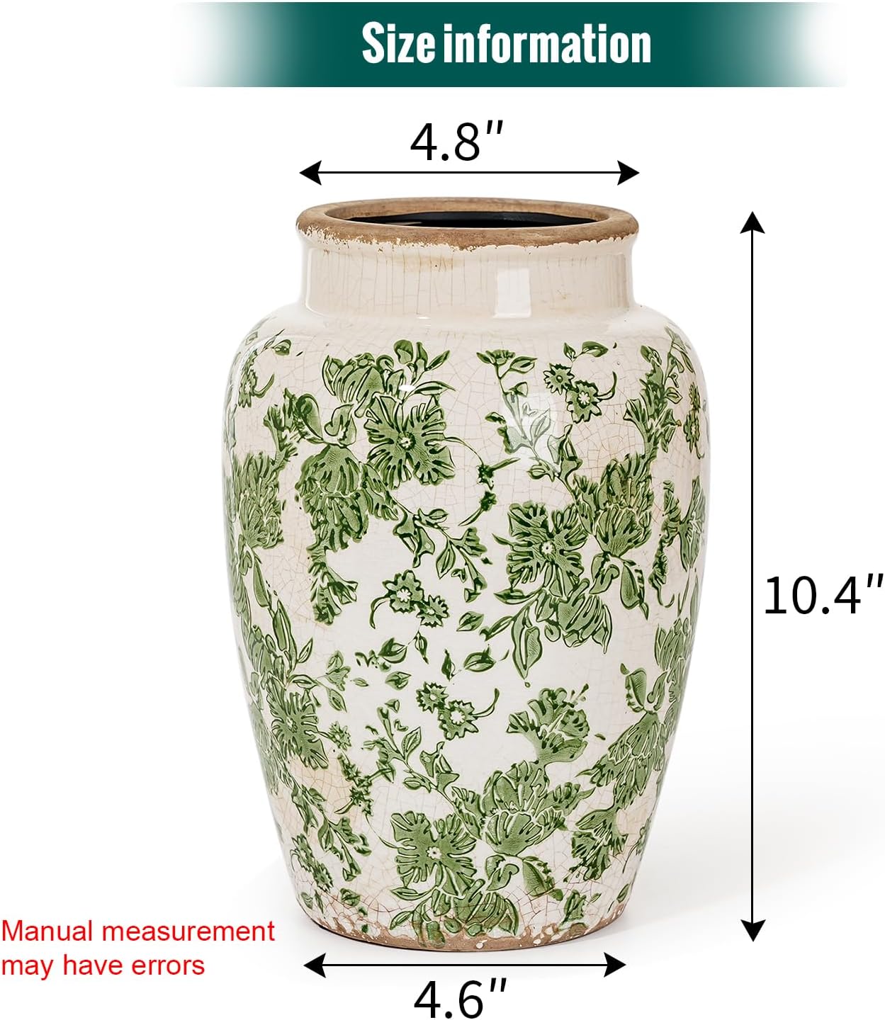 Sungmor Ceramic Flower Vase, Vintage Ice Cracked Glaze Porcelain Vase, Pretty Home Decor Vase for Flower Arrangement, Fresh Flowers, 10.2 Inch Tall Chinoiserie Pottery Vase, Green Floral Pattern
