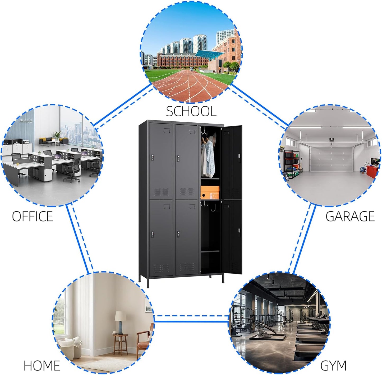 6 Doors Metal Storage Lockers for Employees with Combination Lock and Hooks,72" H Employee Lockers with Business Card Holder for Offices School Gyms Home,Assembly Required,Black