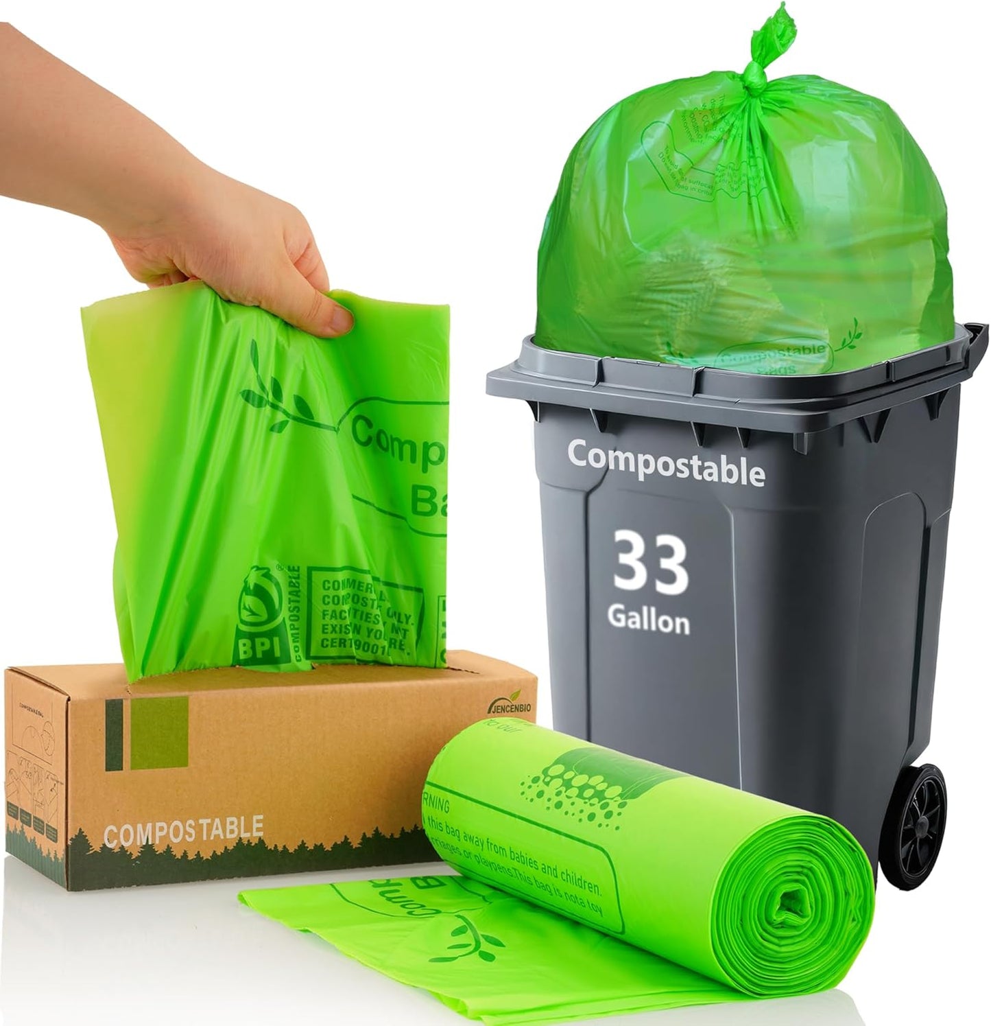 Compost Bags 33 Gallon 125 Liter Extra Thick 1.2 Mils Compostable Food Scrap Waste Bags with US BPI ASTM D6400 and Europe OK Compost Home Certified 20 Counts