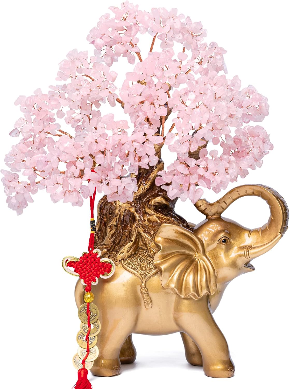 Rose Quartz Crystal Money Tree on Gold Elephant Statue, 17”Large Gemstone Bonsai Tree of Life Home Décor Gifts for Wealth Positive Energy, Feng Shui Décor