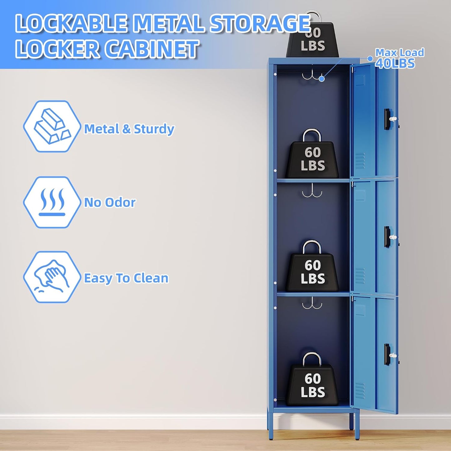 Metal Locker with Hooks and Ventilation Holes,Metal Storage Locker with Keys and Business Card Slot for Home,Gym,Garage,School,Office,66" H×15.75" W× 15.75" D,Assembly Required,Blue