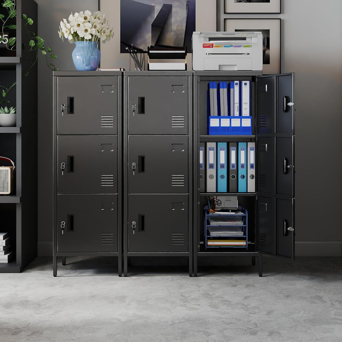 Metal Locker with Ventilation Holes, Metal Storage Cabinet with Lock and Card Slot for Home,School, Office, Garage,47.3" H x 15.8" W x 15.8" D,Assembly Required,Black