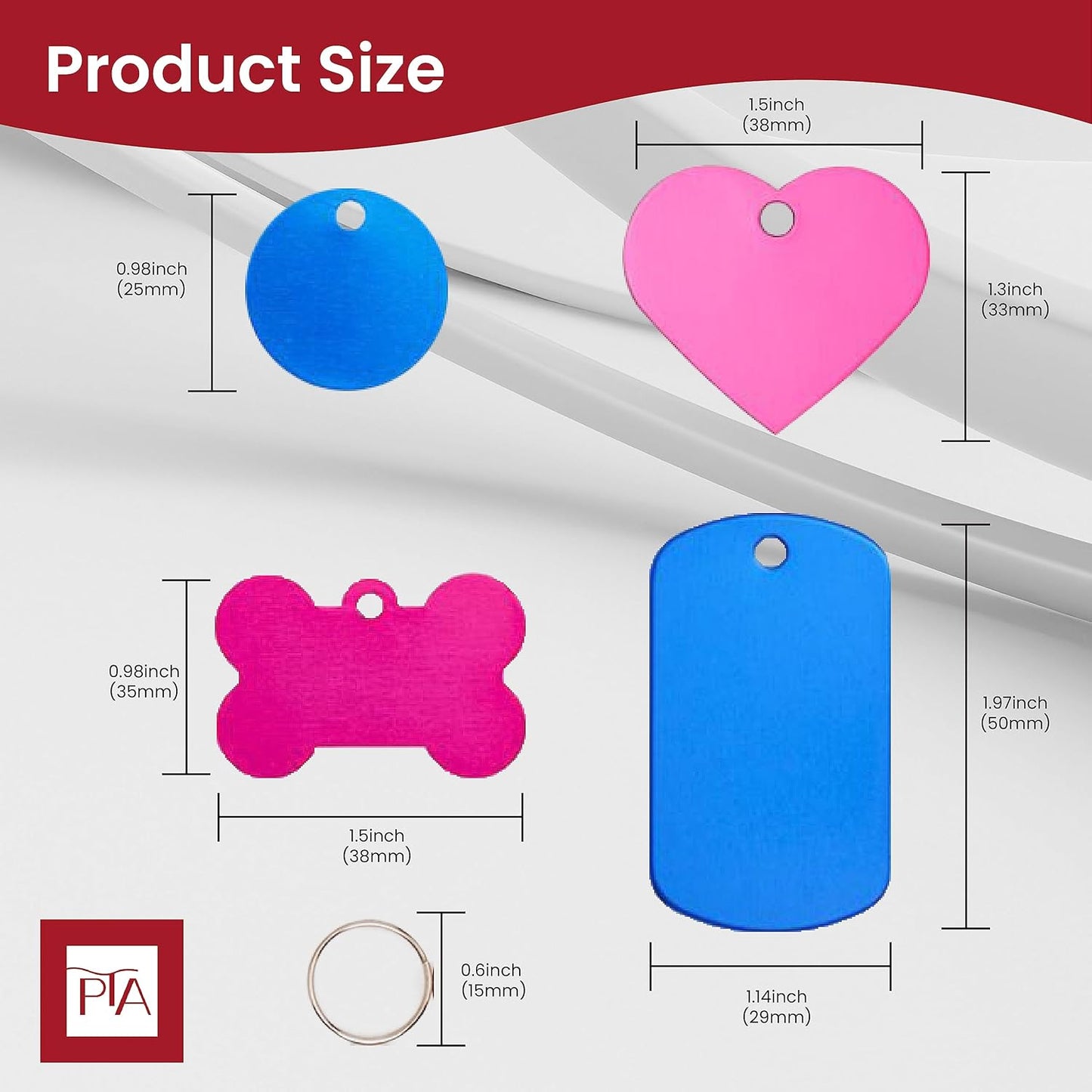 [Press TX Art] 40 Pcs Round(Circle), Bone, Rectangle, Heart Anodized Aluminum Stamping Blanks Tags 10 Mixed Colors Metal Engraving ID Name Tags with Rings (4 Types of Shapes in 10 Colors)