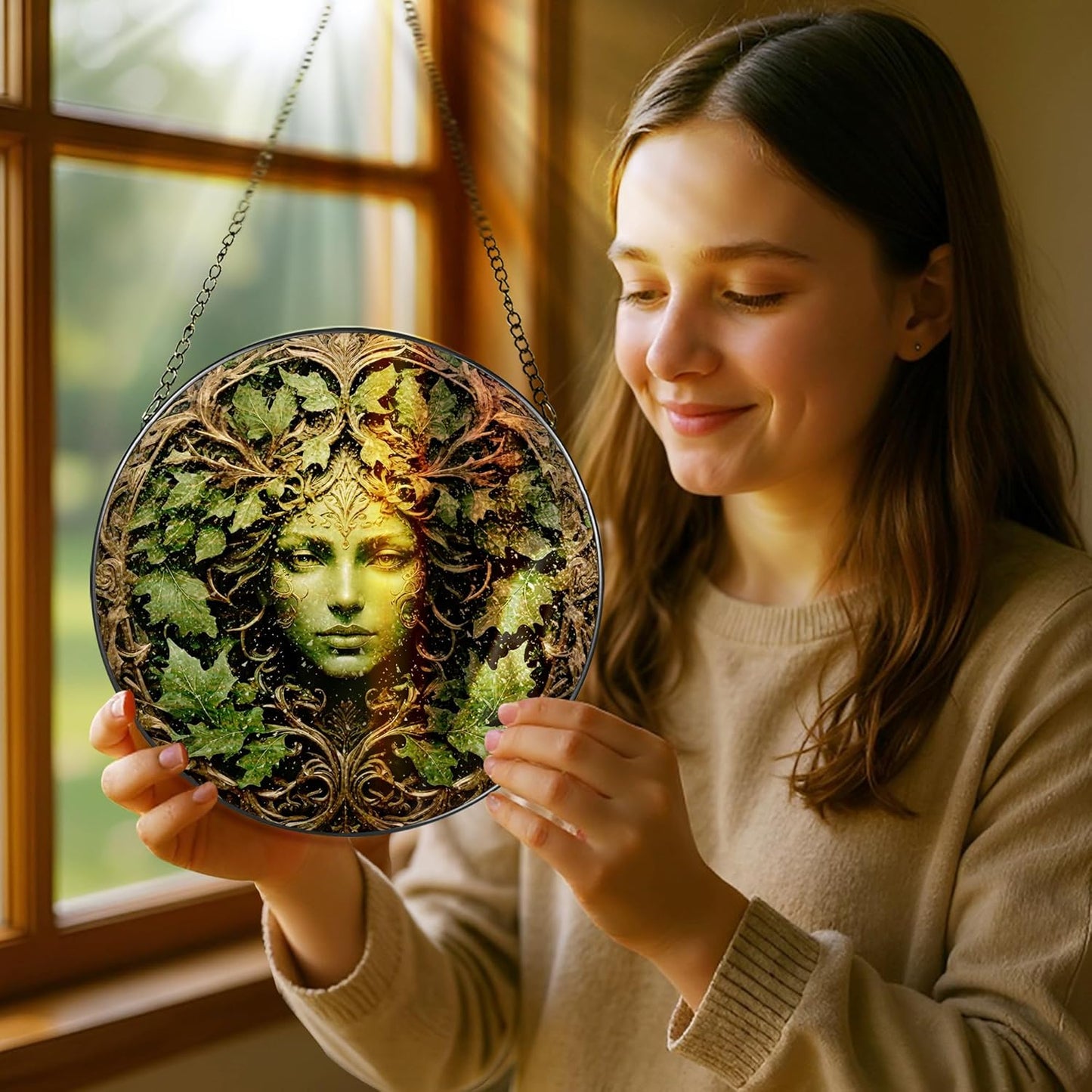 Green Man Stained Glass Suncatcher, Stained Glass Window Hanging, 8 Inch Window Decor Hanging, Gift for Garden Lovers, Mothers Day Birthday Gifts for Mom Grandma Women Sister Wife Lady Lover