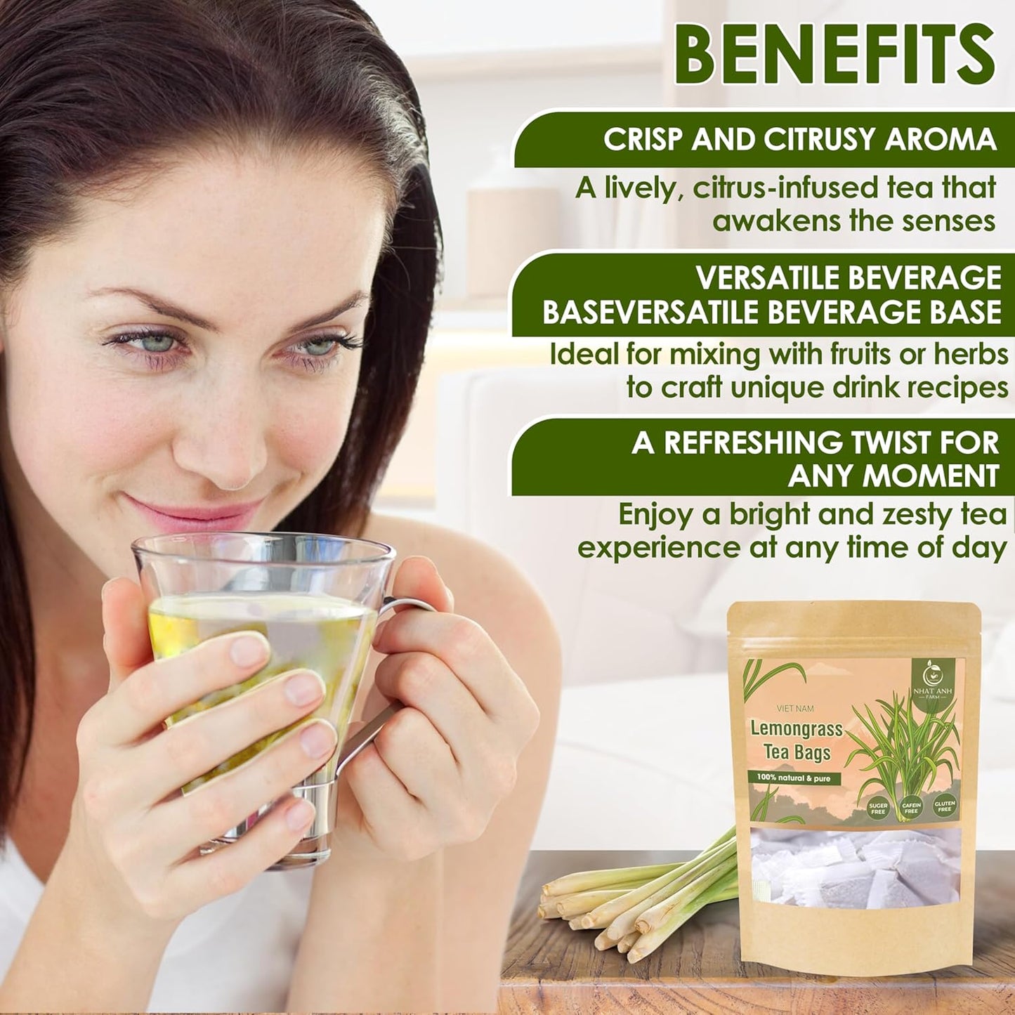 NHAT ANH FARM - Premium Lemongrass Tea Bags, 40 Lemongrass Tea Bags, 100% Natural Dried Lemongrass, Naturally Sweet Herbal Tea, Sugar-Free, Caffeine-Free, No Additives