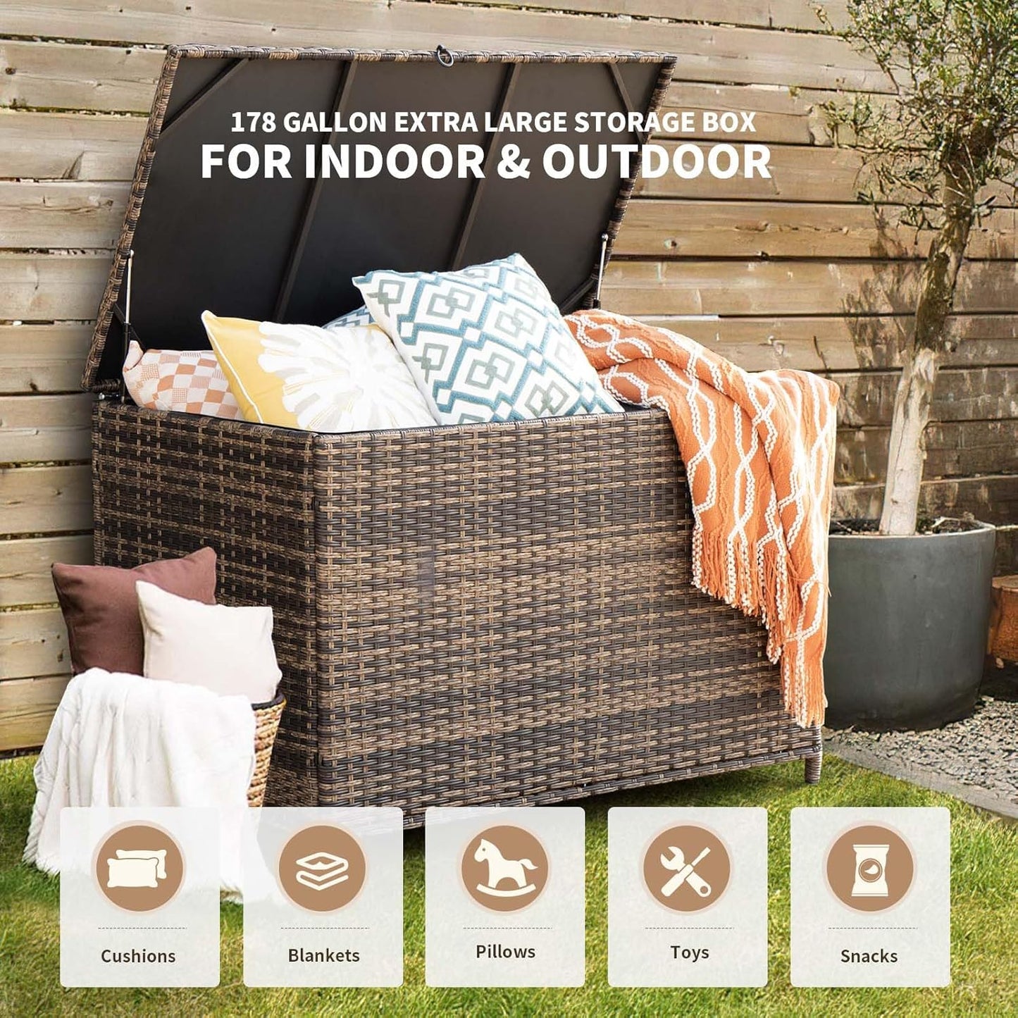 178 Gallon Outdoor Storage Box, Handle Large Portable Wicker Rattan Deck Box for Patio Furniture Cushions, Patio Deck Box with 2 WheelsThrow Pillows, Garden Tools and Pool Floats (Brown)